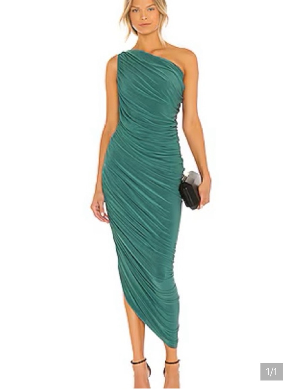 Norma Kamali One-Shoulder Teal Ruched Midi Dress